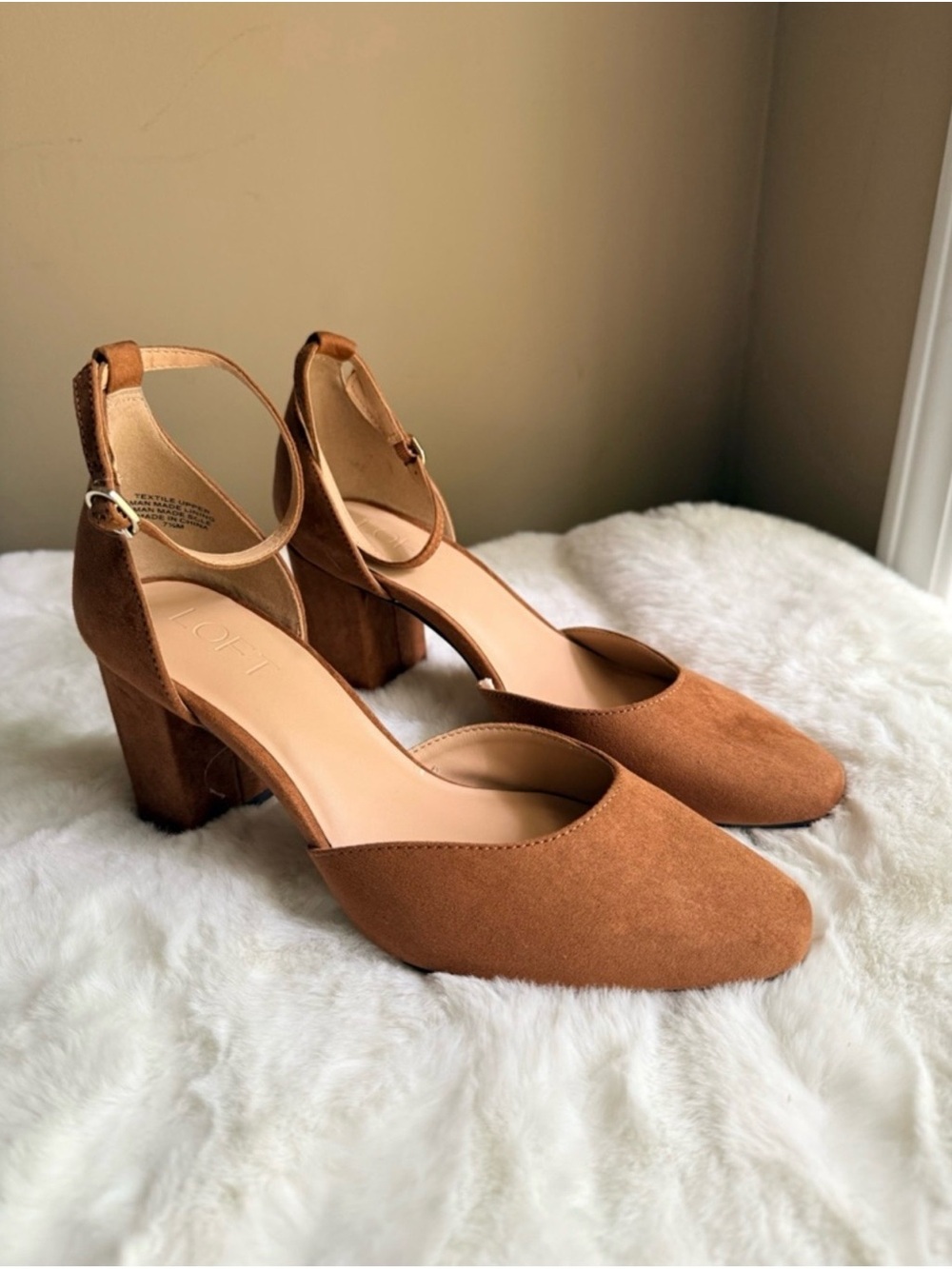 LOFT Tan Suede Block Heel Ankle-Strap Pumps